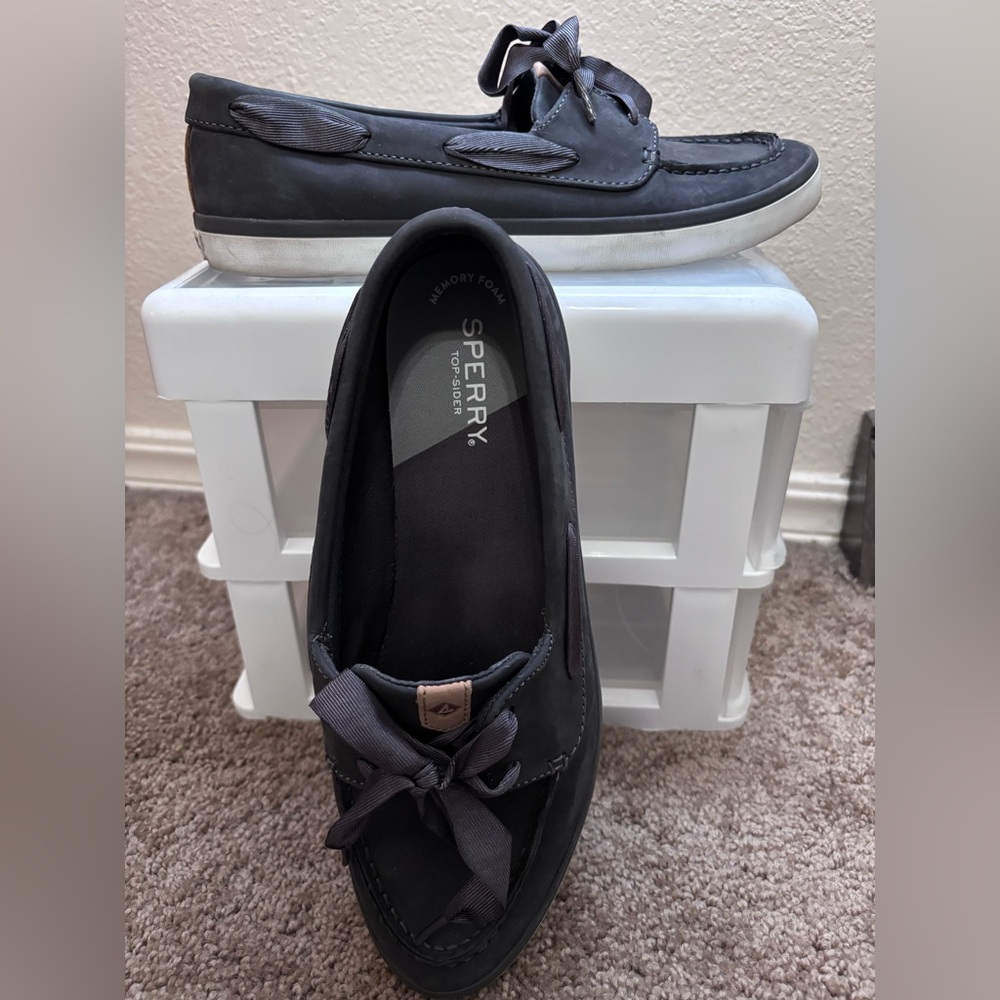 Sperry Charcoal Boat Shoes with Ribbon Detail